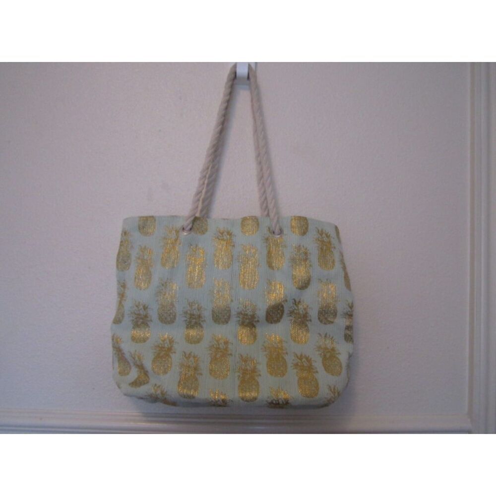 Angels by the Sea Hawaii Pineapple Tote Bag Aqua Blue Gold Metallic Rope Handle